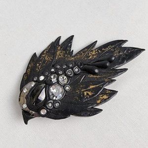 Vintage Black Bird Rhinestones Clay Brooch